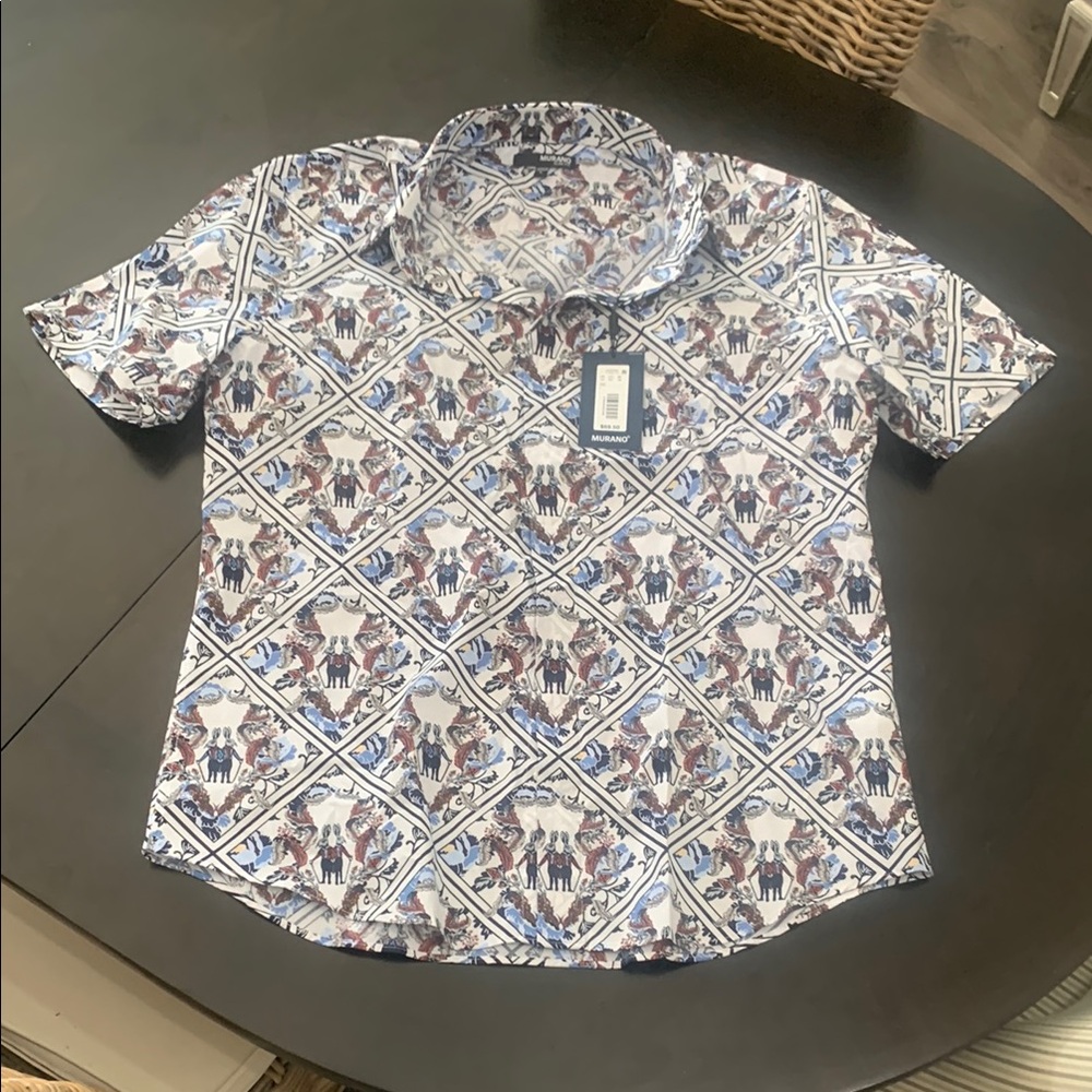 Men's Blue and White Patterned Shirt